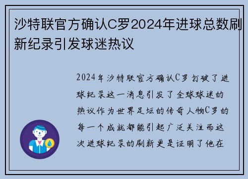沙特联官方确认C罗2024年进球总数刷新纪录引发球迷热议