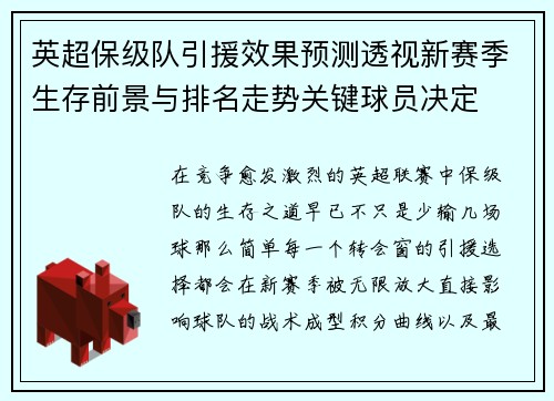 英超保级队引援效果预测透视新赛季生存前景与排名走势关键球员决定 英超保级队引援效果预测透视新赛季生存前景与排名走势关键球员决定