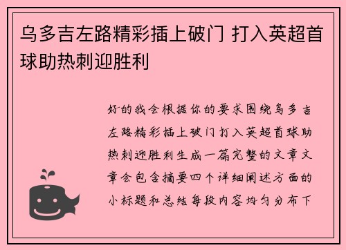 乌多吉左路精彩插上破门 打入英超首球助热刺迎胜利 乌多吉左路精彩插上破门 打入英超首球助热刺迎胜利